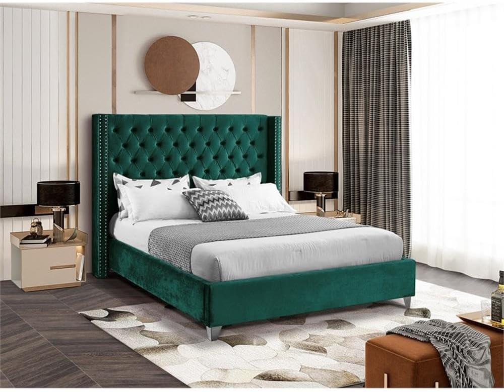 Meridian Furniture Aiden Collection Modern | Contemporary Velvet Upholstered Bed with Deep Button Tufting, Solid Wood Frame, and Custom Chrome Legs, King, Green