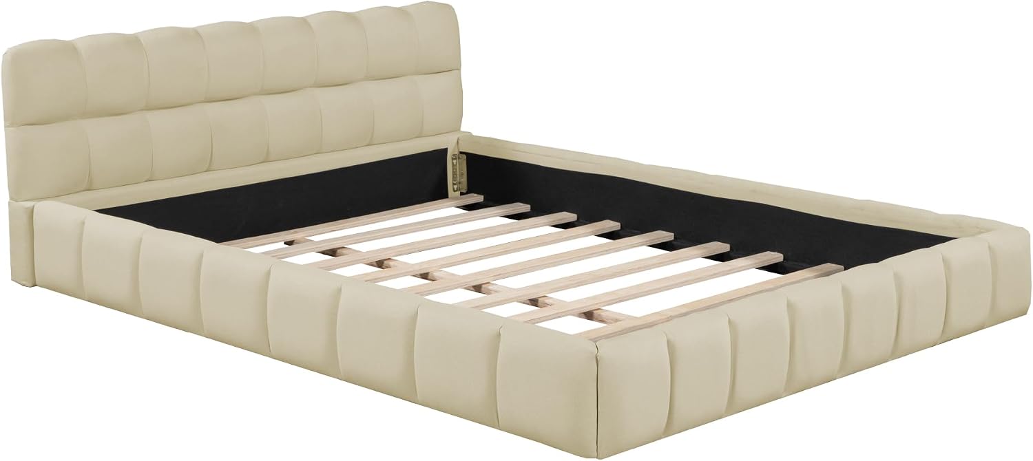 Queen Size Upholstered Platform Bed with Thick Fabric, Grounded Bed with Solid Frame for Kids Adults Bedroom Furniture, Easy Assembly, No Box Spring Needed (Linen+Beige, Queen)
