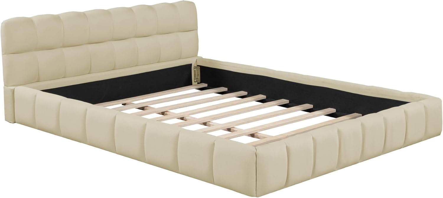 Queen Size Linen Upholstered Platform Bed with Thick Fabric and Headboard,Bedroom Low Floor Bed Frame W/Wooden Slat System & Footboard Side Rails,for Adult Boy Girl Teen,Beige