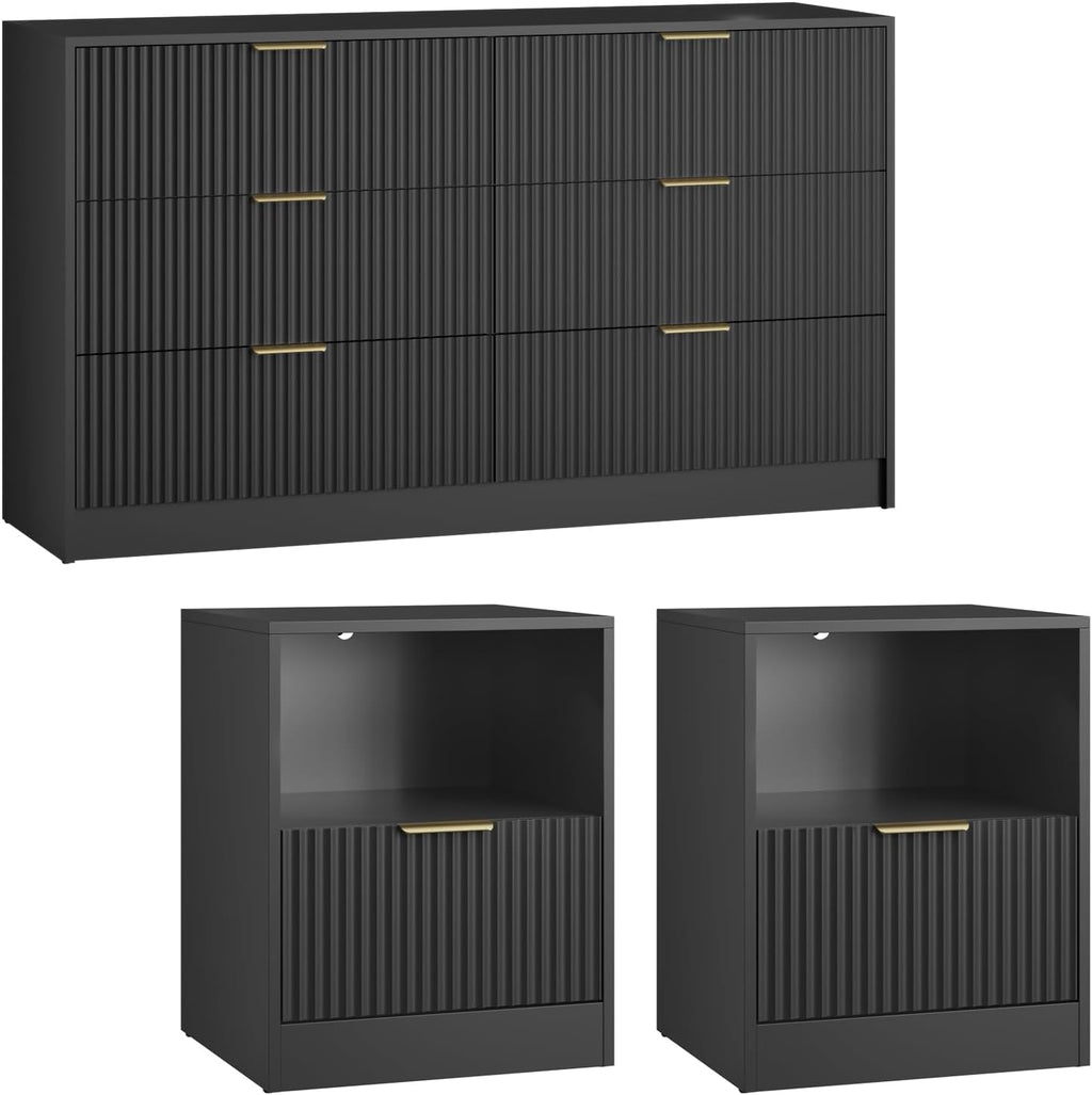 6 Drawer Dresser & Nightstand Set 3-Piece, 55' Wide Bedroom Set Night Stand Set of 2 with Metal Handle, Fluted Modern Wood Chest of Drawers Storage Dressers Set for Bedroom, Black