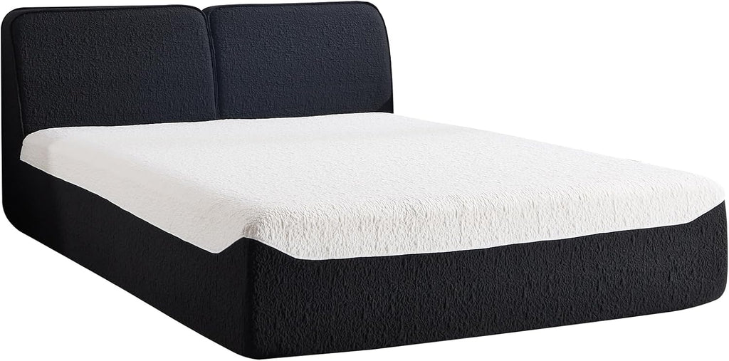 CANMOV Queen Size All-in-one Fully Compressed Sponge Bed Frame, Modern Floor Bed with Breathable Memory Foam Mattress & Headboard, Medium Firm Support, No Assembly Required, Black
