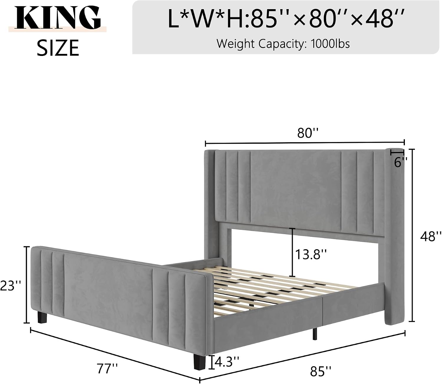 AMERLIFE King Size Bed Frame, Velvet Upholstered Platform Bed with Vertical Channel Tufted Headboard & Footboard/Wingback, Mattress Foundation with Wood Slats, No Box Spring Needed, Light Grey