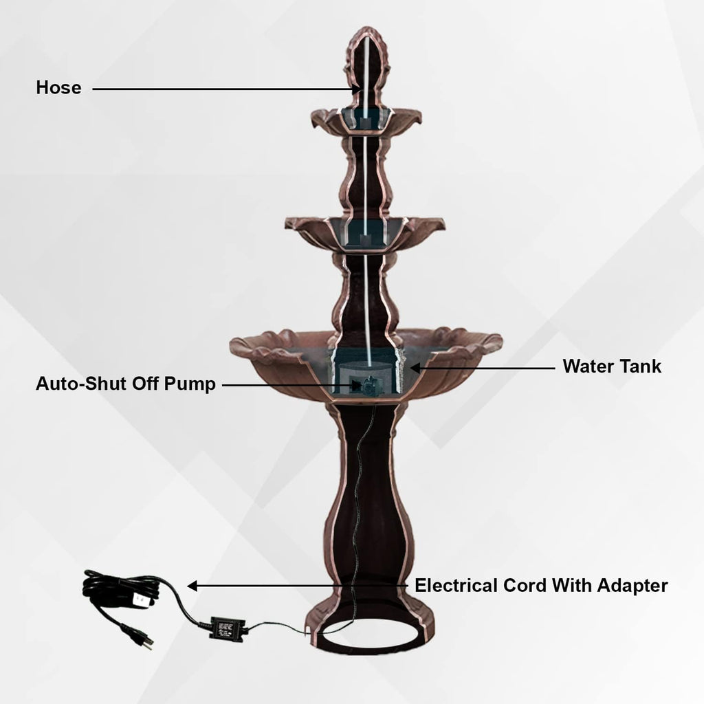 XBrand 3-Tier Freestanding Waterfall Fountain w/Pump & Pineapple Top, 51 Inch Tall, Brown, Large Outdoor Garden Fountain, Ideal for Garden, Porch, and Lawn