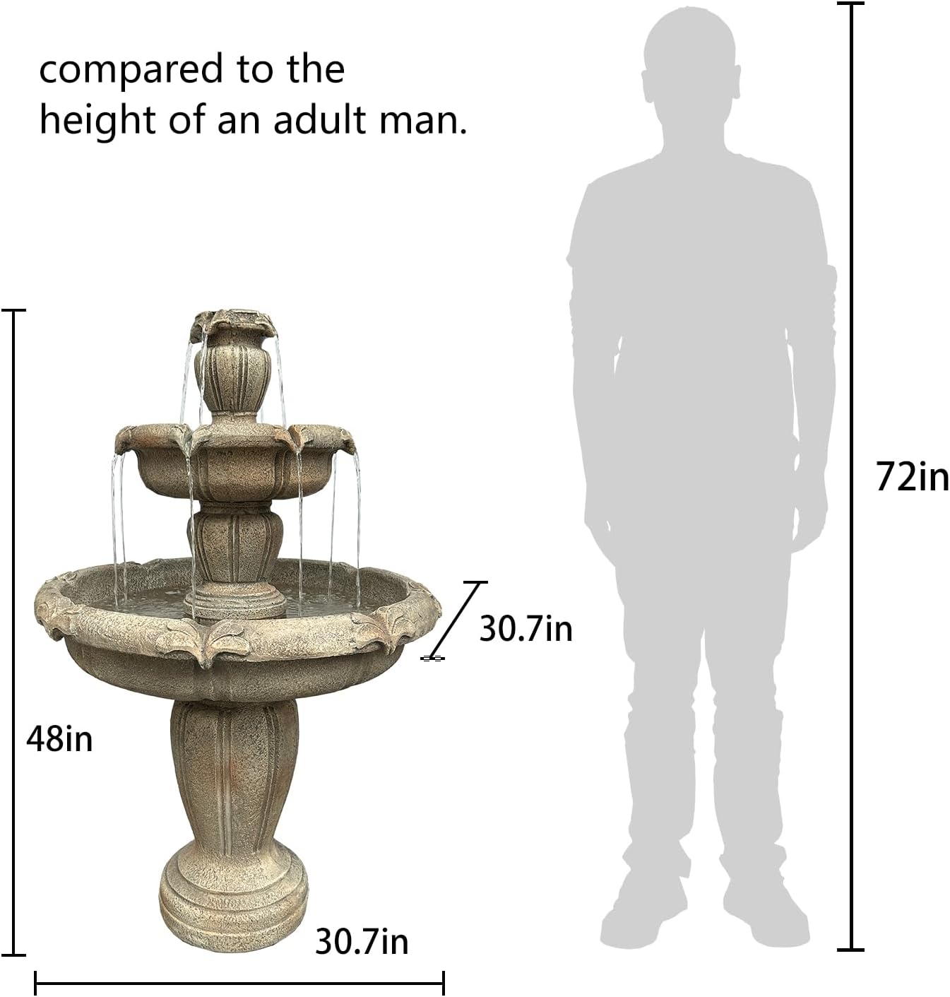 48' H Outdoor Floor Water Fountain, 3-Tiers Concrete Water Fountain with Submersible Electric Pump - Garden Cascading Waterfall for Yard Patio Lawn Home Decor