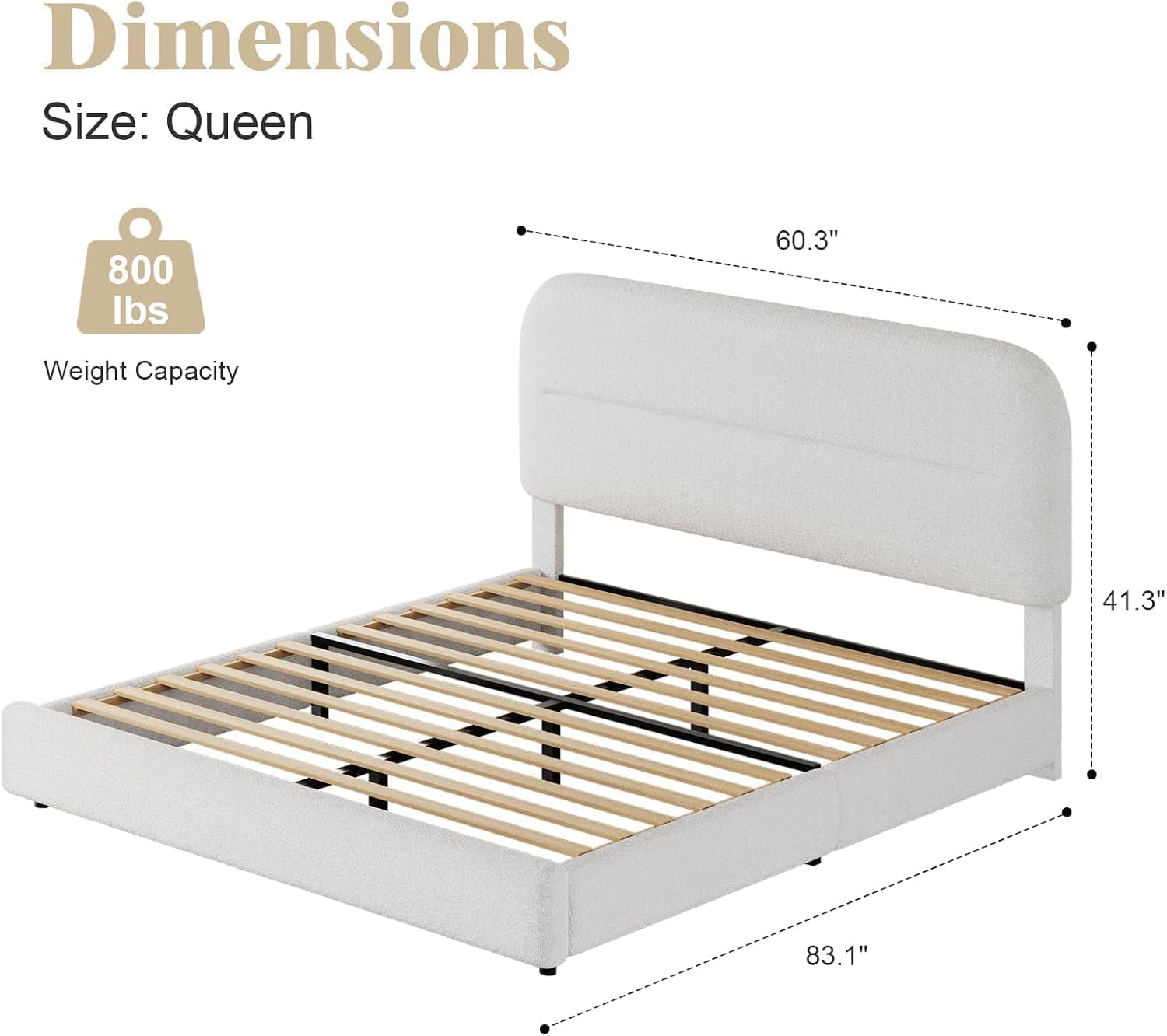HOMBCK Queen Size Boucle Bed Frames, Upholstered Bed Frame Queen Size with Headboard, Soft Cloud Bed with Thickened Footboard, Rounded Corners, No Box Spring Needed, Easy Assembly, White