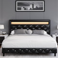 Keyluv Modern Upholstered Queen Bed Frame with LED Lights, Faux Leather Low Profile Platform Bed Frame, Adjustable Crystal Button Tufted Headboard, Strong Wood Slat Support, Easy Assembly, Black