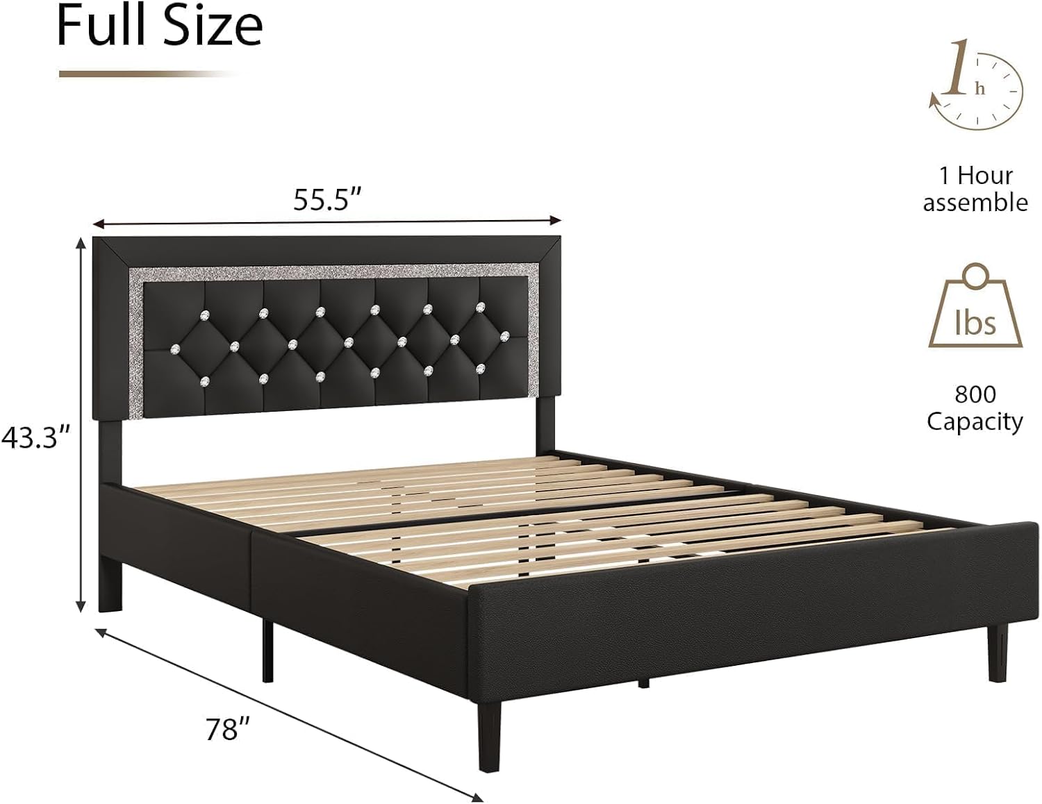 BarnFurin Full Size Bed Frame with Tufted Button Headboard, Upholstered Platform Bed Frame with Diamond Design, Wood Slat Support, No Box Spring Needed, Easy Assembly, Black