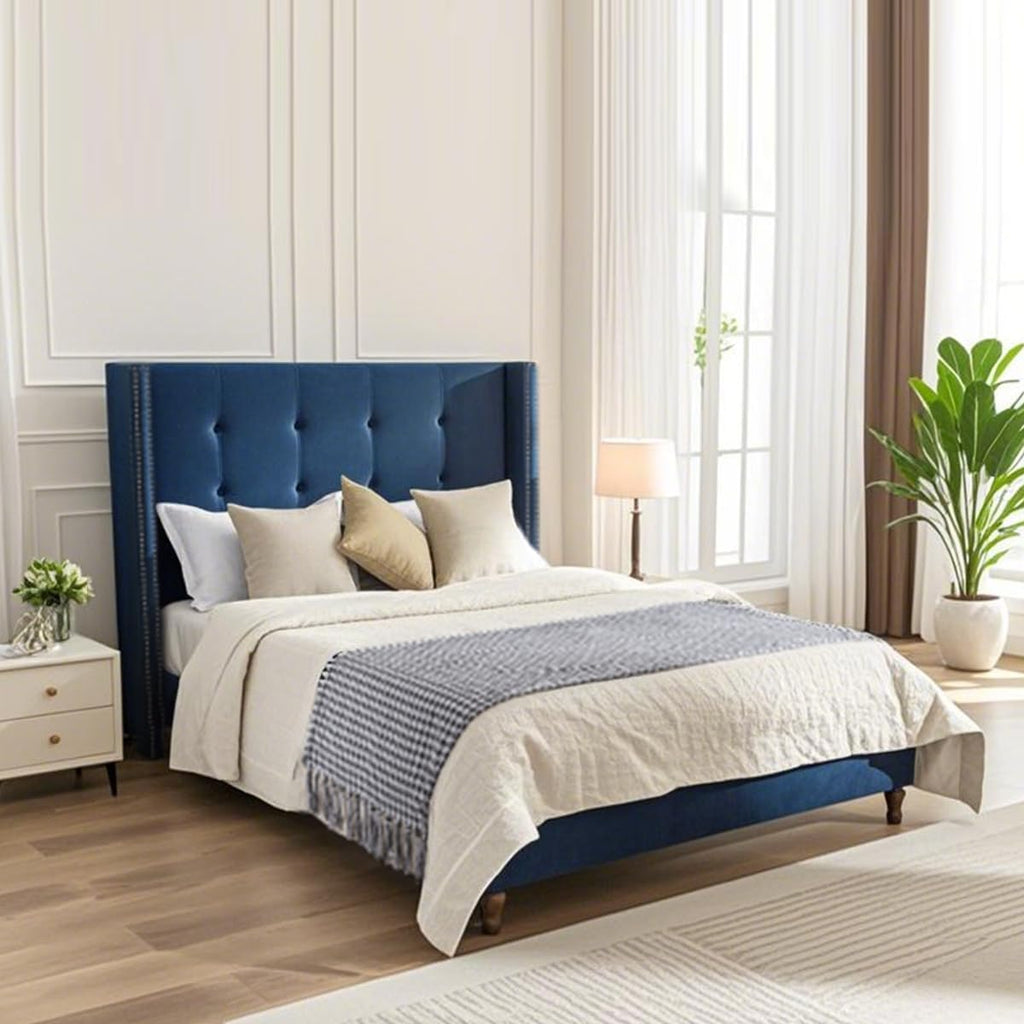 Queen Size Bed Frame,54'High Headboard Button Tufted Nailhead Trimmed Backrest Headboard,Velvet Metal Upholstered Platform Bed Frame,Wooden Slats Provide Strong Support,No Springs Required,Blue