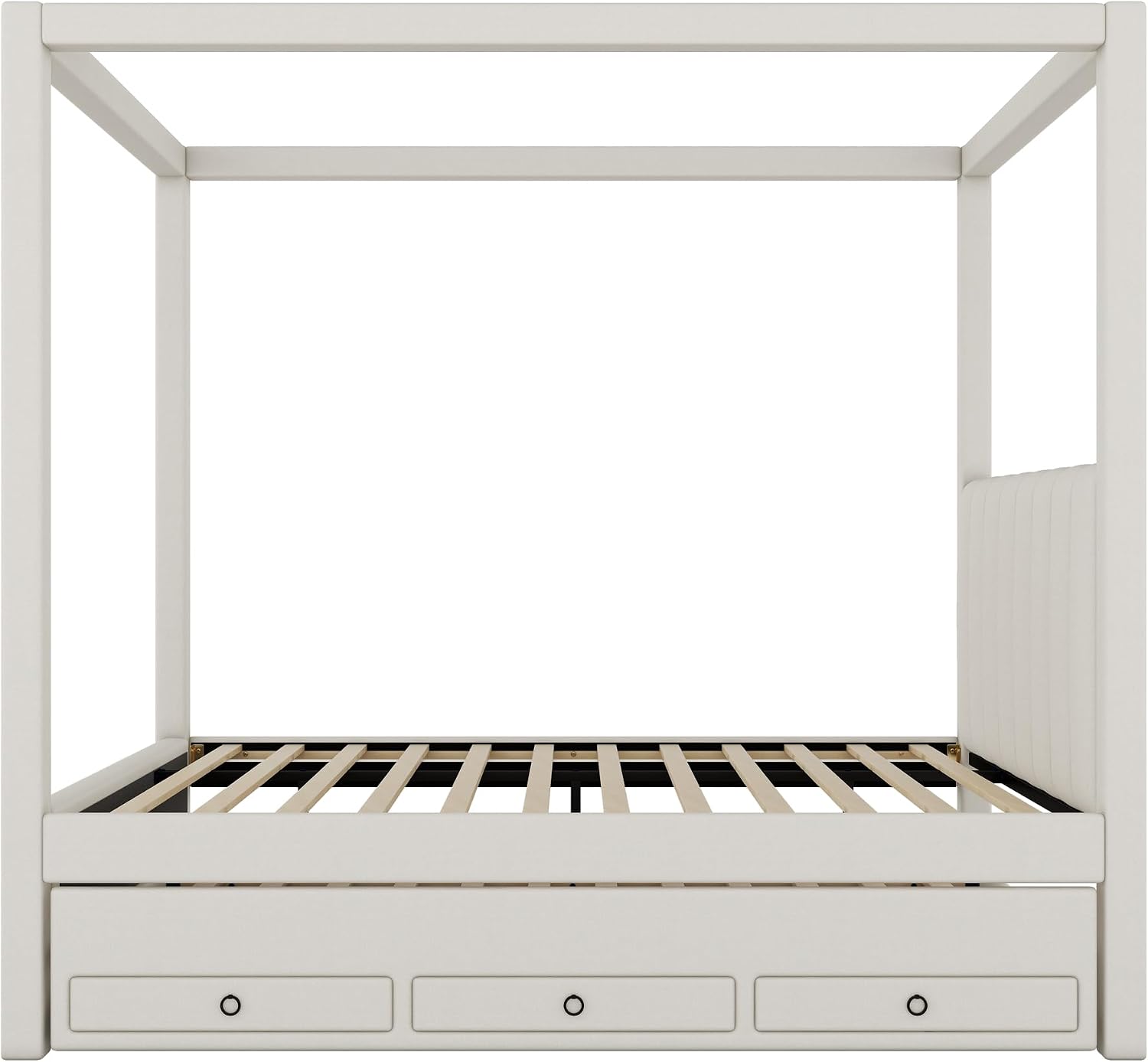 Modern Full Size Upholstery Canopy Platform Bed with Trundle and 3 Storage Drawers, Full Size Linen Storage Platform Bed with Backrest and Wood Slat Support for Kids and Teens (Beige, Full)