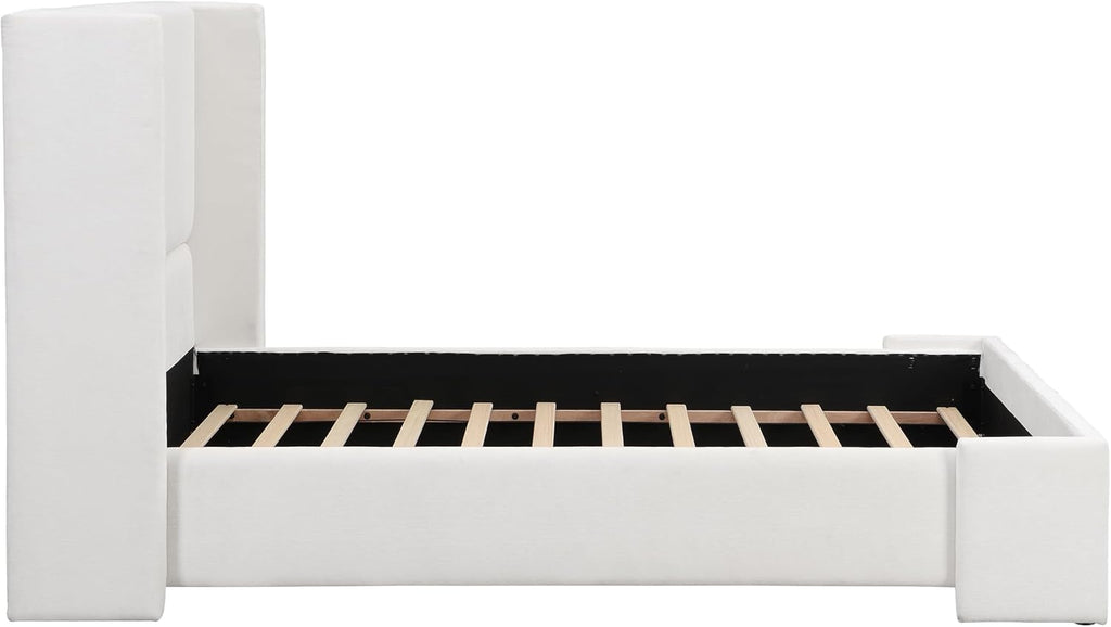 Merax Queen Size Bed Frame, Elegant White Upholstered Platform Bed with 41.1' Tall Wingback Headboard for Bedroom, Solid Wood Slats Support, No Box Spring Needed, Easy Assembly