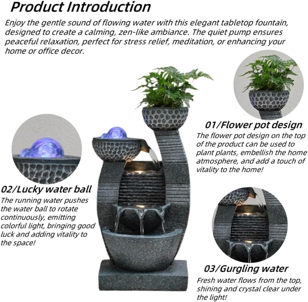 Indoor Fountain – Cascading Water Feature, Resin Fountains with LED Lights/Rolling Ball/Automatic Pump for Home, Decorative Tabletop Waterfall with Pot to Grow Plant by Yourself(B)