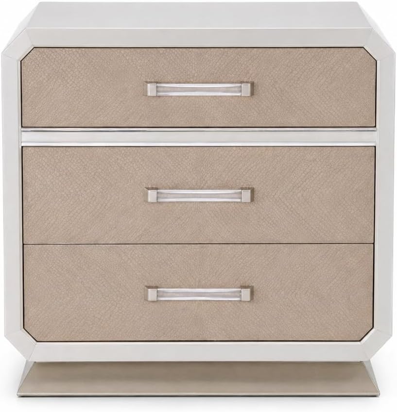 First of a Kind Nightstand Modern Glam Wood Bedside Table Dior Collection Two Tone Finish Elegant Design Bedroom Nightstand Sleek Structured Detailing Coordinated Furniture Piece