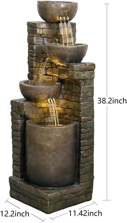 Hamiedun 38.2 ''H Water Fountain Outdoor Cascading Bowls and Stacked Stones with Led Lights Waterfalls Fountain for Outside Gardens, Landscaping, Balconies, Floor Patio,Backyard and Home Art Decor