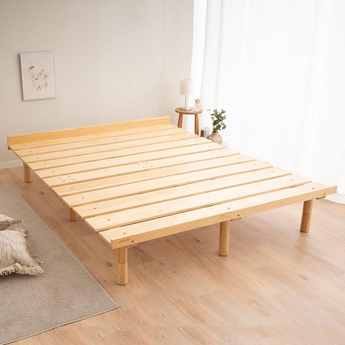 EMOOR Wood Slatted Floor Bed Frame OSMOS Full for Japanese Futon Mattress Solid Pine (Earth-Natural), Height Adjustable (2/7/12in) Tatami Mat