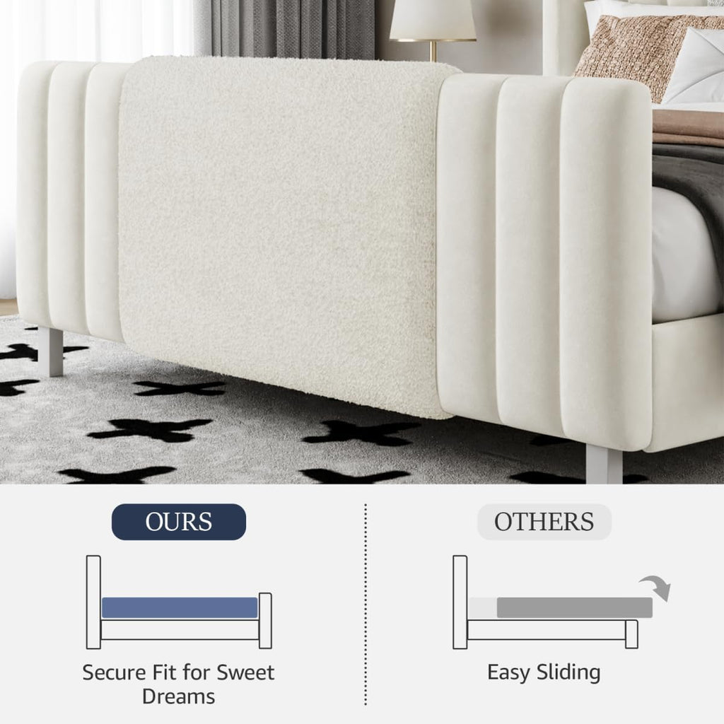 Lihimte Queen Size Bed Frame with Tall Headboard and Footboard, Boucle and Velvet Upholstered Bed Frame Queen with LED Lights, Modern Platform Bed Frames, Noiseless, Easy Assembly, White