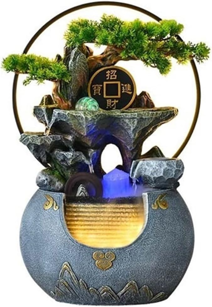 Tabletop Fountain Waterfall Tabletop Water Fountain Rockery with Waterfall and Decorative Piece for Home Office Decor(Gris)