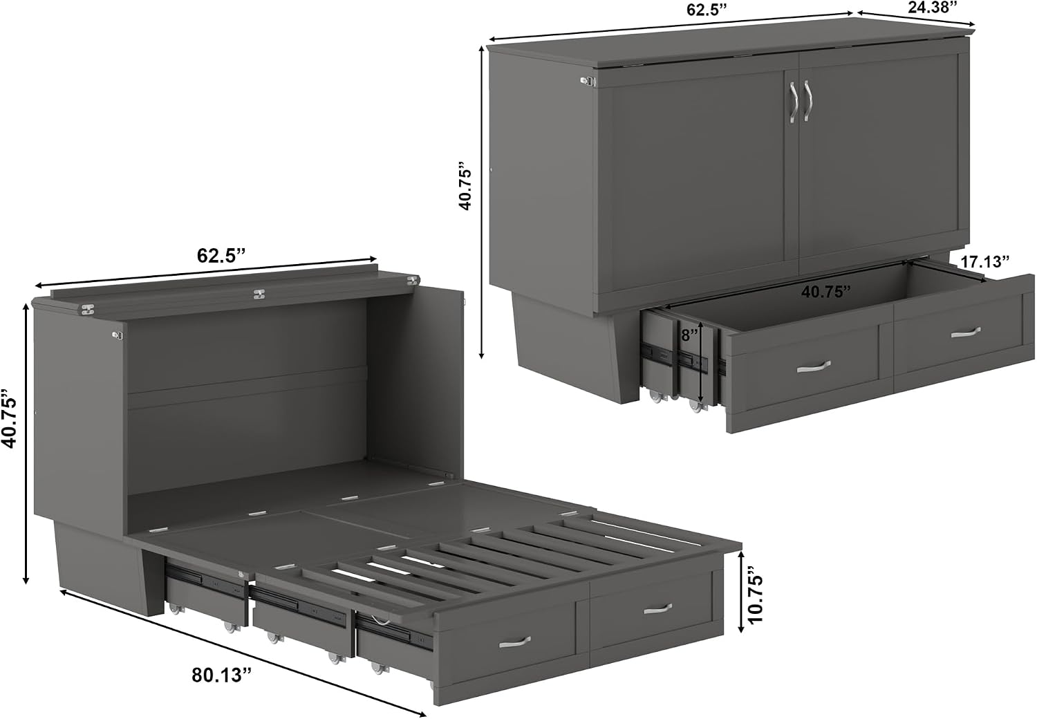 AFI, Monroe Queen Murphy Bed Chest with 6' Mattress, Storage Drawer & Built-in USB Charger, Grey