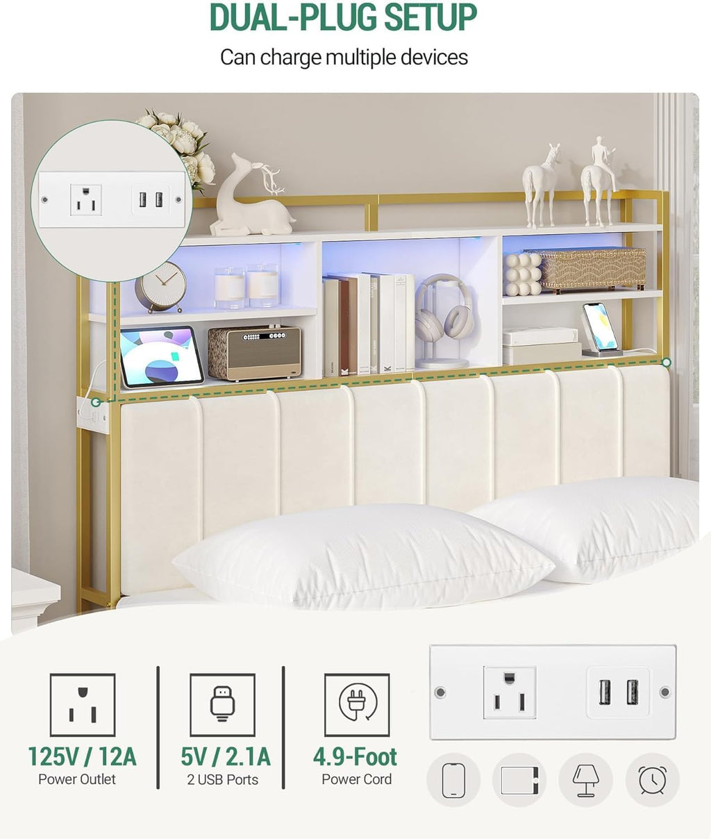 Hzuaneri Headboard with 3-Tier Storage Shelves, Velvet Upholstered Head Board with 2 Outlets, USB Ports & LED Light, Soft Backrest for Queen Size Bed, White and Gold BH15203AV1