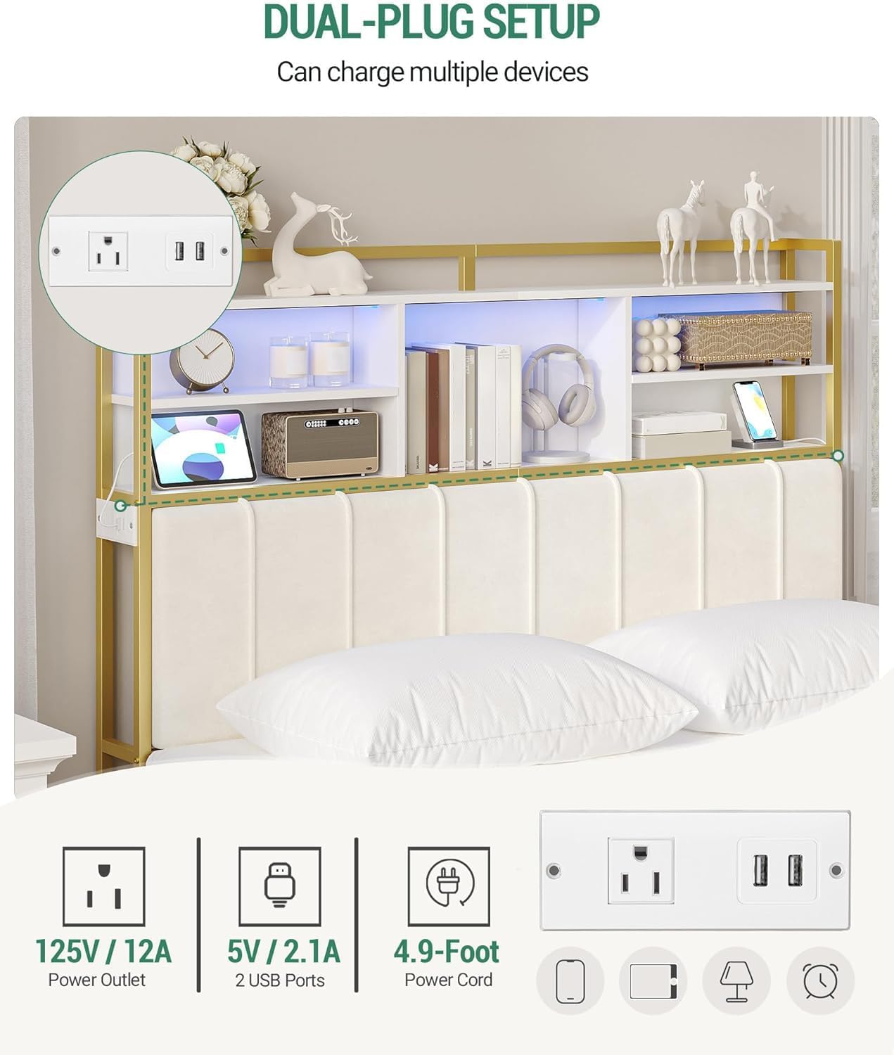 Hzuaneri Headboard with 3-Tier Storage Shelves, Velvet Upholstered Head Board with 2 Outlets, USB Ports & LED Light, Soft Backrest for Queen Size Bed, White and Gold BH15203AV1