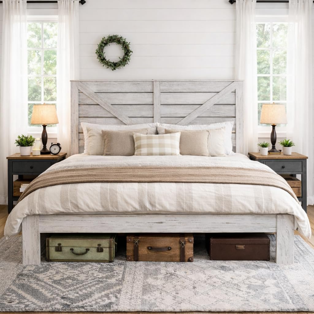 Full Size Bed Frame with Headboard – Farmhouse Style Platform with LED Lights USB Charging No Box Spring Easy Assembly White Boho Bed Frame Modern Bedroom Sets (Boho White, Full)