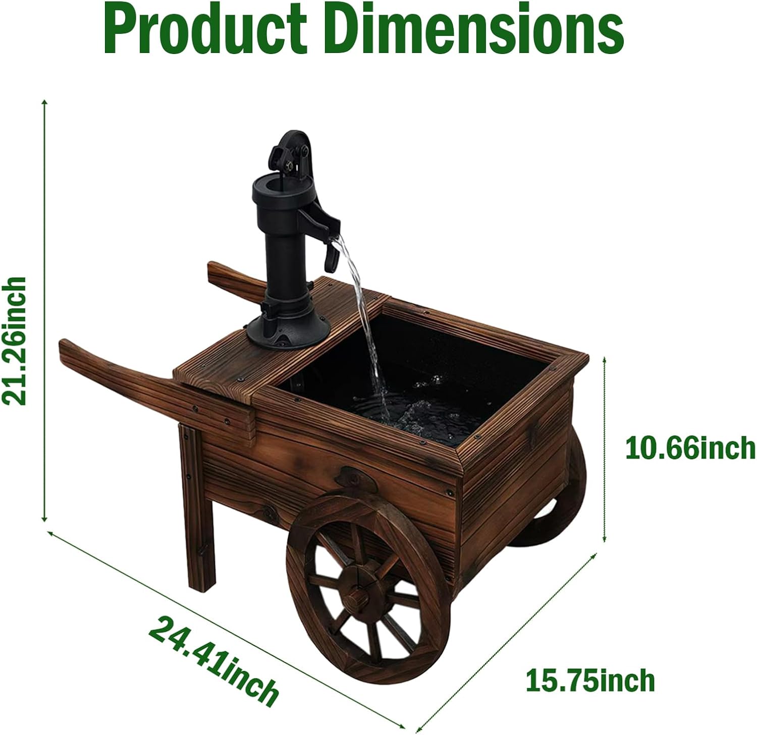 Carbonized Wood Outdoor Freestanding Fountain - Movable Vintage Hand Pump Cart, Solar-Powered Electric Decorative Water Feature for Patio, Garden & Indoor Decoration