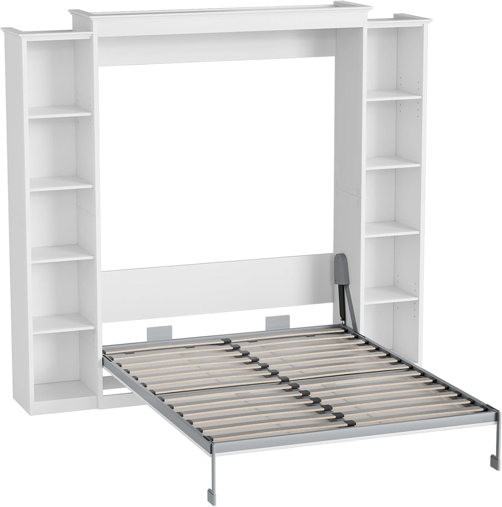 Rophefx Full Murphy Bed Cabinet with 5-Tier Adjustable Storage Shelves, Wood Full Wall Bed Cabinet Bed, Space Saving Beds, Hidden Bedframe, Foldable Platform Beds for Guest Room, Bedroom, White