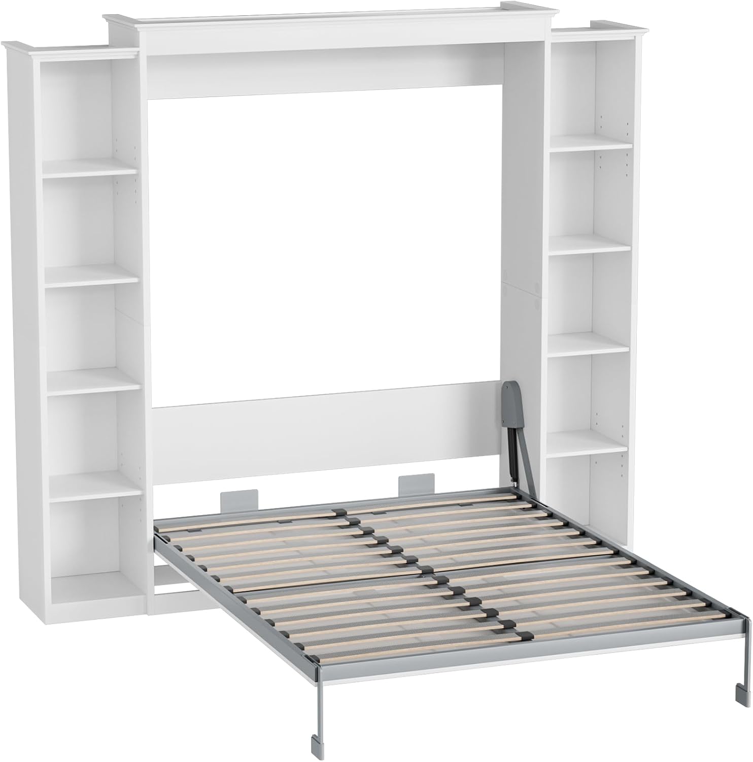 Rophefx Full Murphy Bed Cabinet with 5-Tier Adjustable Storage Shelves, Wood Full Wall Bed Cabinet Bed, Space Saving Beds, Hidden Bedframe, Foldable Platform Beds for Guest Room, Bedroom, White