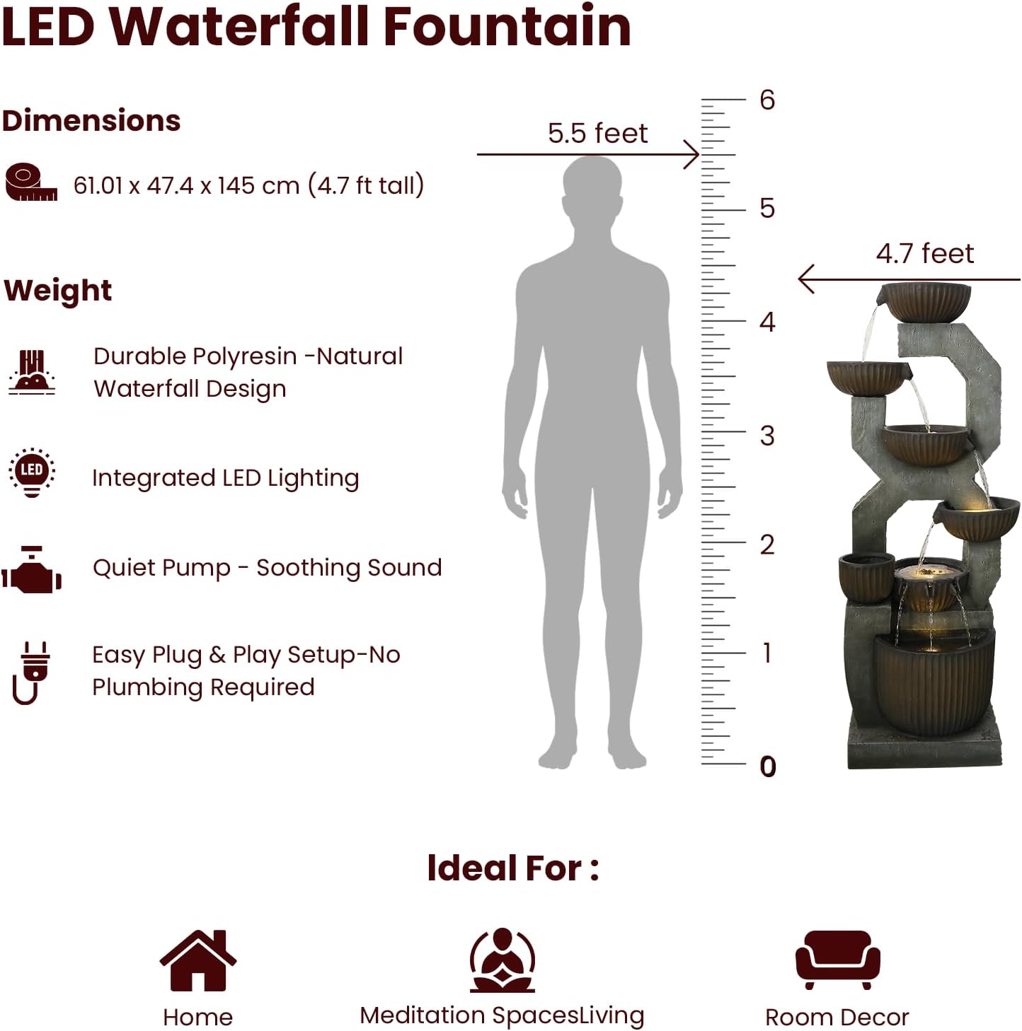 Bumilgar 57' Tall Large Outdoor Water Fountain with LED Lights, 6-Tier Cascading Bowl Waterfall Fountain, Modern Geometric Resin Garden Water Feature for Patio Yard Deck Porch Backyard Decor