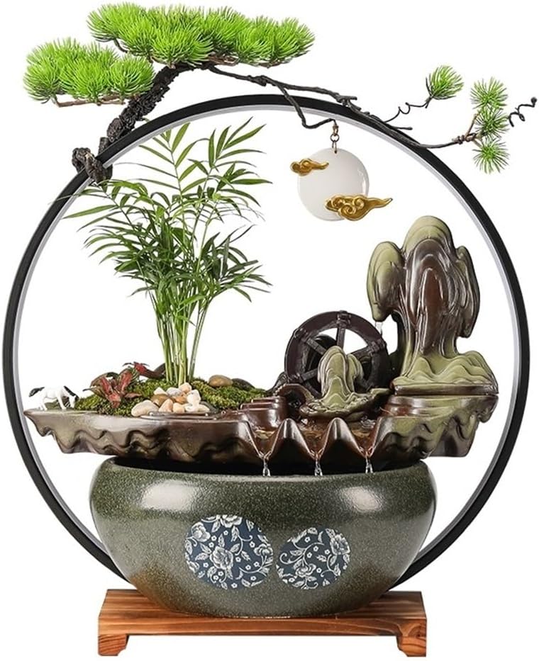 Tabletop Fountain Waterfall Fountain Indoor, Tabletop Water,Desk Chinese Ceramic with LED Light Ring