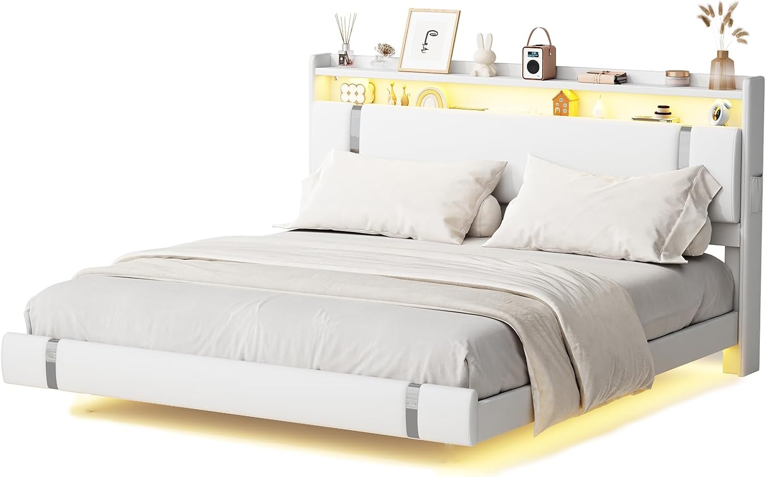 Floating Bed Frame with Storage Headboard, Modern White King Size Bed Frame with LED Light and Charging Station, Upholstered Platform Bed Frame, No Box Spring Needed, Metal Frame Noise-Free