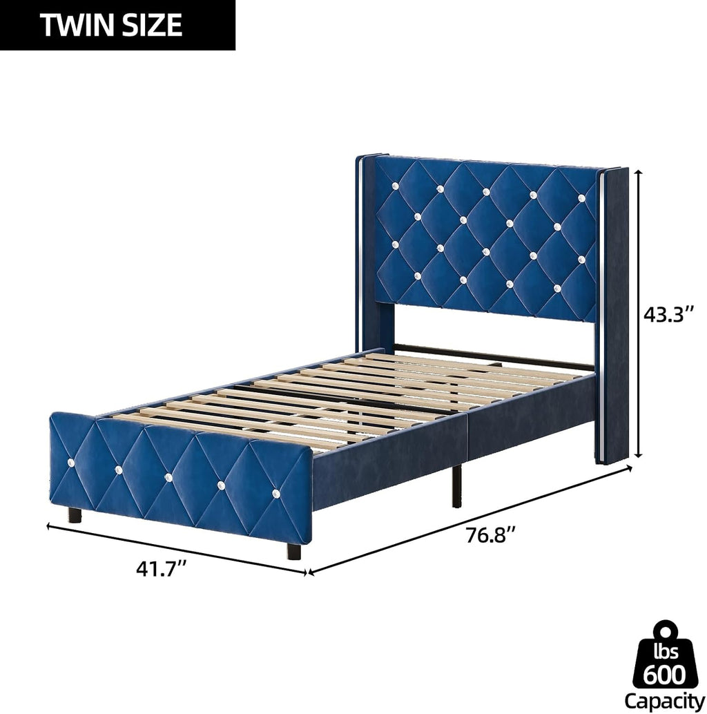 HOMBCK Twin Bed Frames, Upholstered Platform Bed with Diamond Tufted Headboard, Modern Velvet Bed Frame with Wingback Design, No Box Spring Needed, Easy Assembly, Blue
