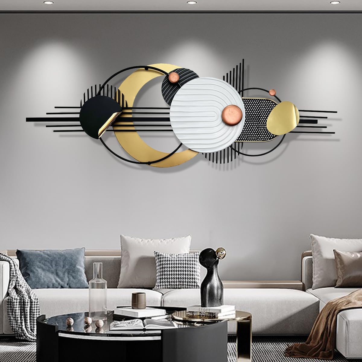 Metal Wall Art, Black and White Gold Wall Sculptures, Minimalist Geometric Decor, 3D Large 59'*21' Wall Art for Living Room Bedroom Bathroom Study Modern Wall Decor, Home Hanging Wall Sculpture