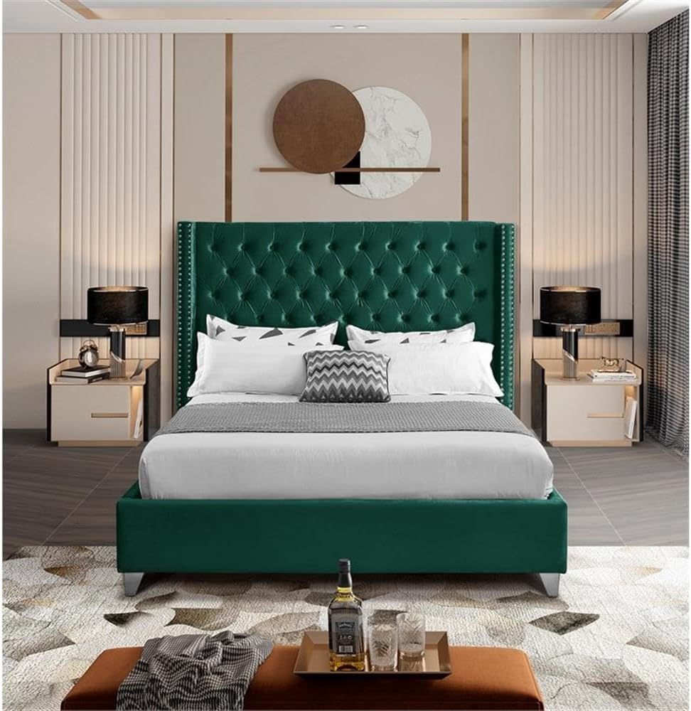 Meridian Furniture Aiden Collection Modern | Contemporary Velvet Upholstered Bed with Deep Button Tufting, Solid Wood Frame, and Custom Chrome Legs, King, Green