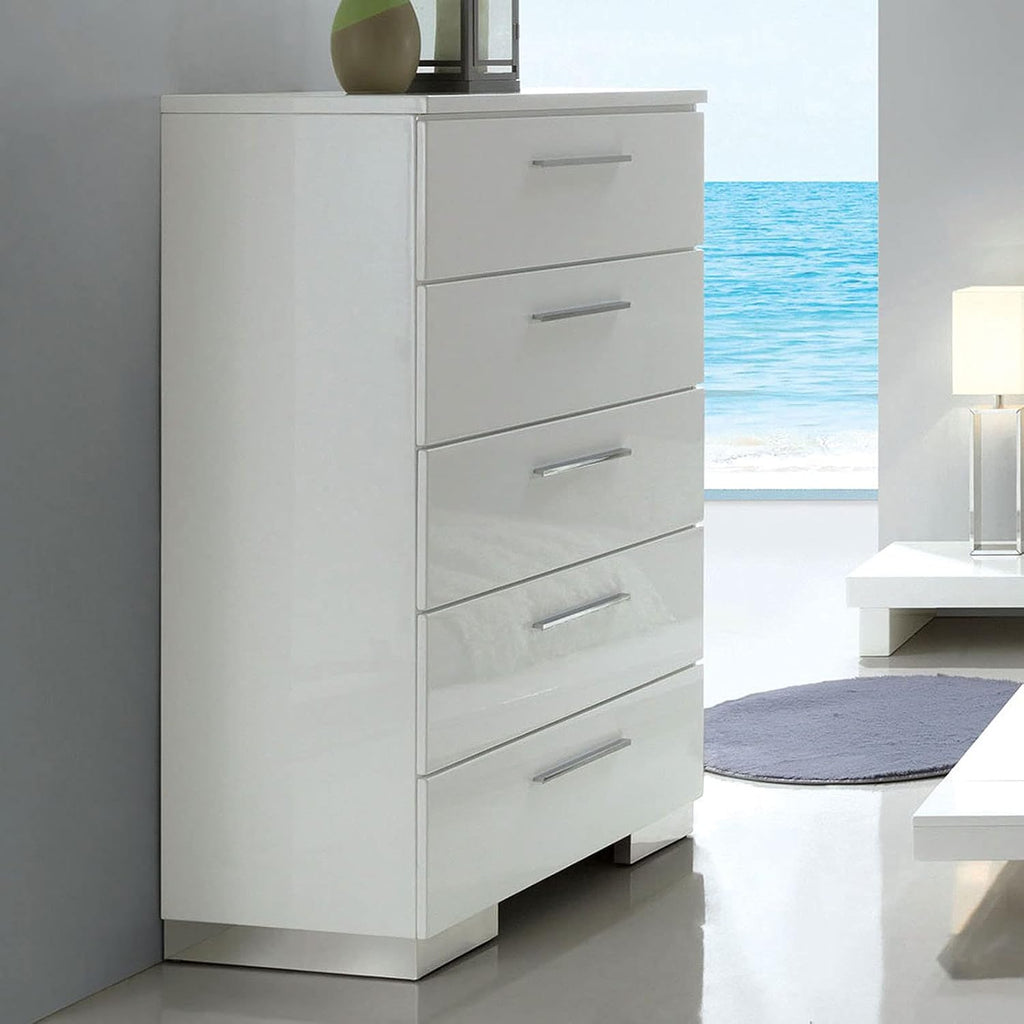 MASARA 5-Piece Contemporary Bedroom Set in White Finish with Low Profile Bed, Padded Leatherette Headboard, High Gloss Lacquer Finish, Solid Wood and Veneer (Queen)
