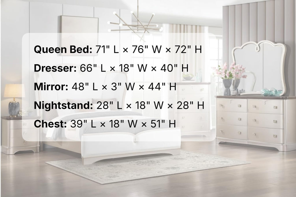 First of a Kind Rose Soft Champagne Finish Traditional 5 Piece Queen Bedroom Set with Upholstered Tufted Headboard Ornate European Style Coordinated Furniture Collection