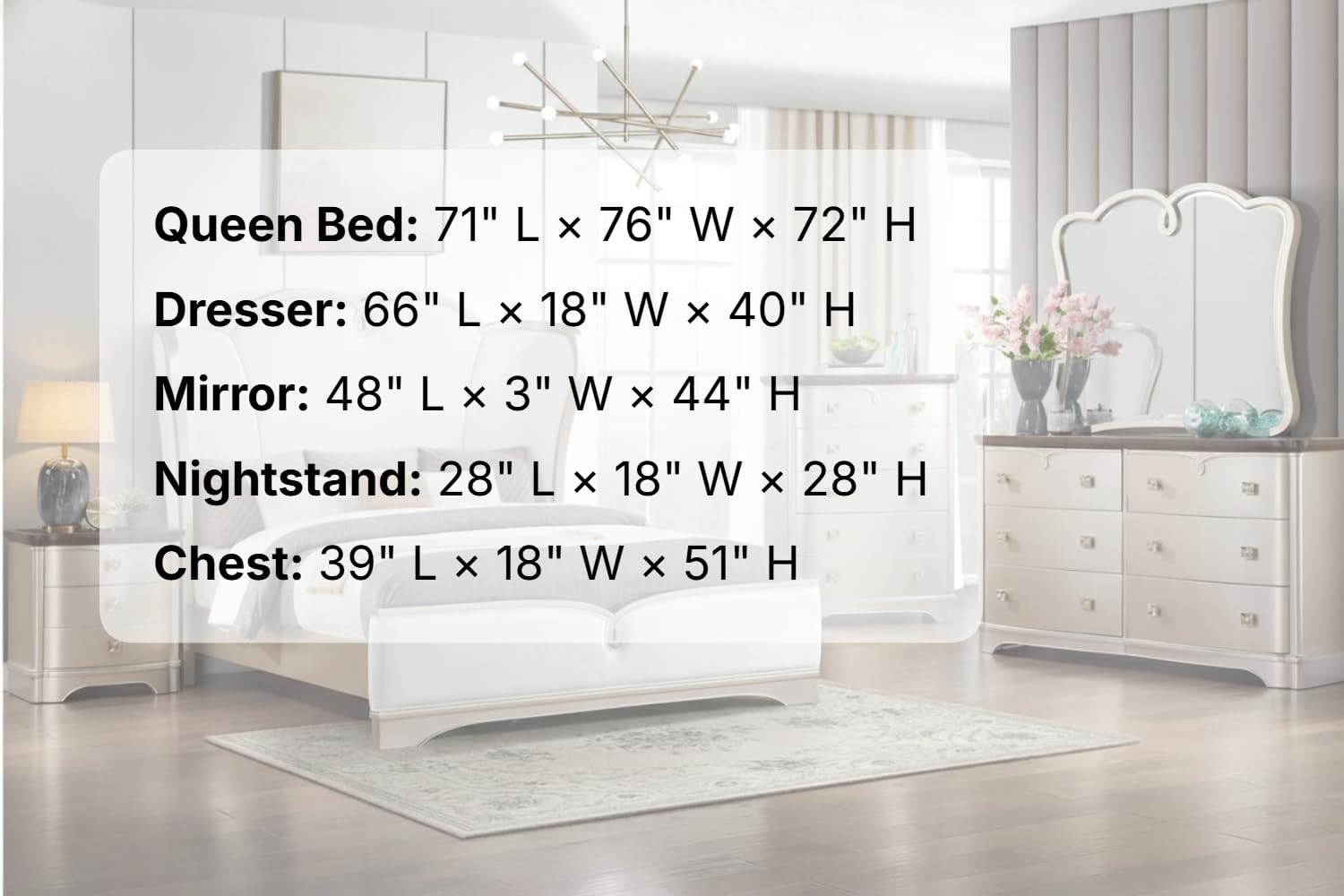 First of a Kind Rose Soft Champagne Finish Traditional 5 Piece Queen Bedroom Set with Upholstered Tufted Headboard Ornate European Style Coordinated Furniture Collection