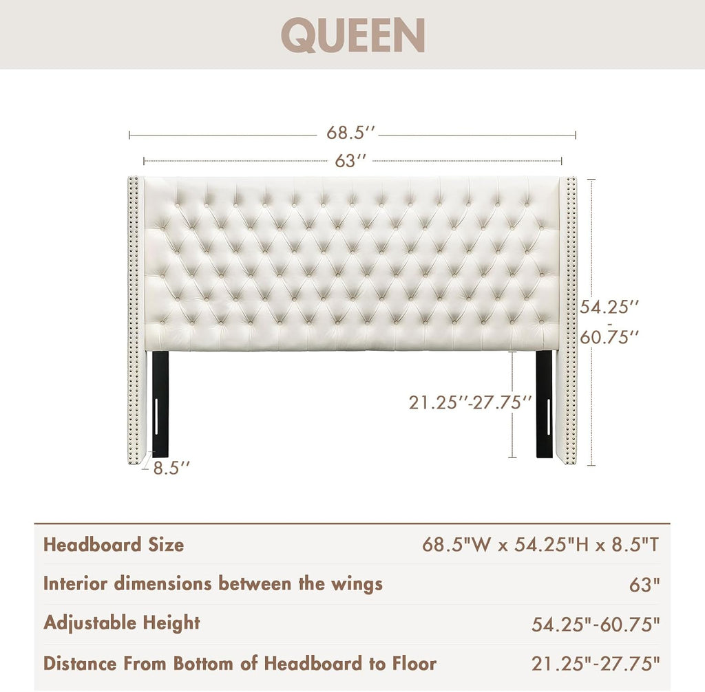 Madison Park Amelia Headboard Queen Wingback Upholstered - Hand-Tufted Button Detail, Double Nailhead Trim, Foam-Padded Durable Fabric, Adjustable Fit for Classic Bedrooms-Beige Velvet