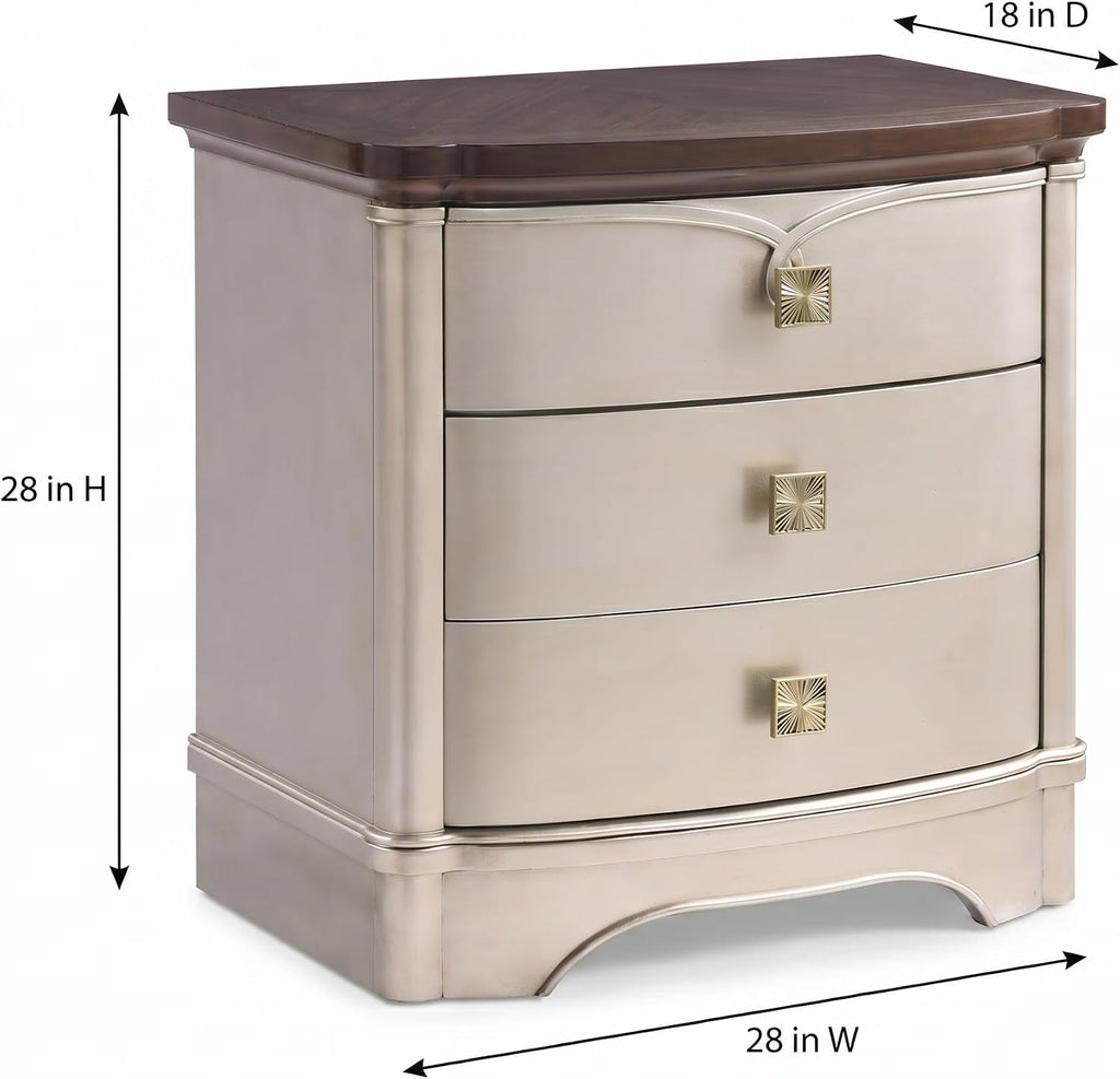 First of a Kind Traditional Wood Nightstand - Curved Frame, Carved Detailing, 28-Inch Wide - Classic European Style Bedroom Furniture with Soft Champagne Finish