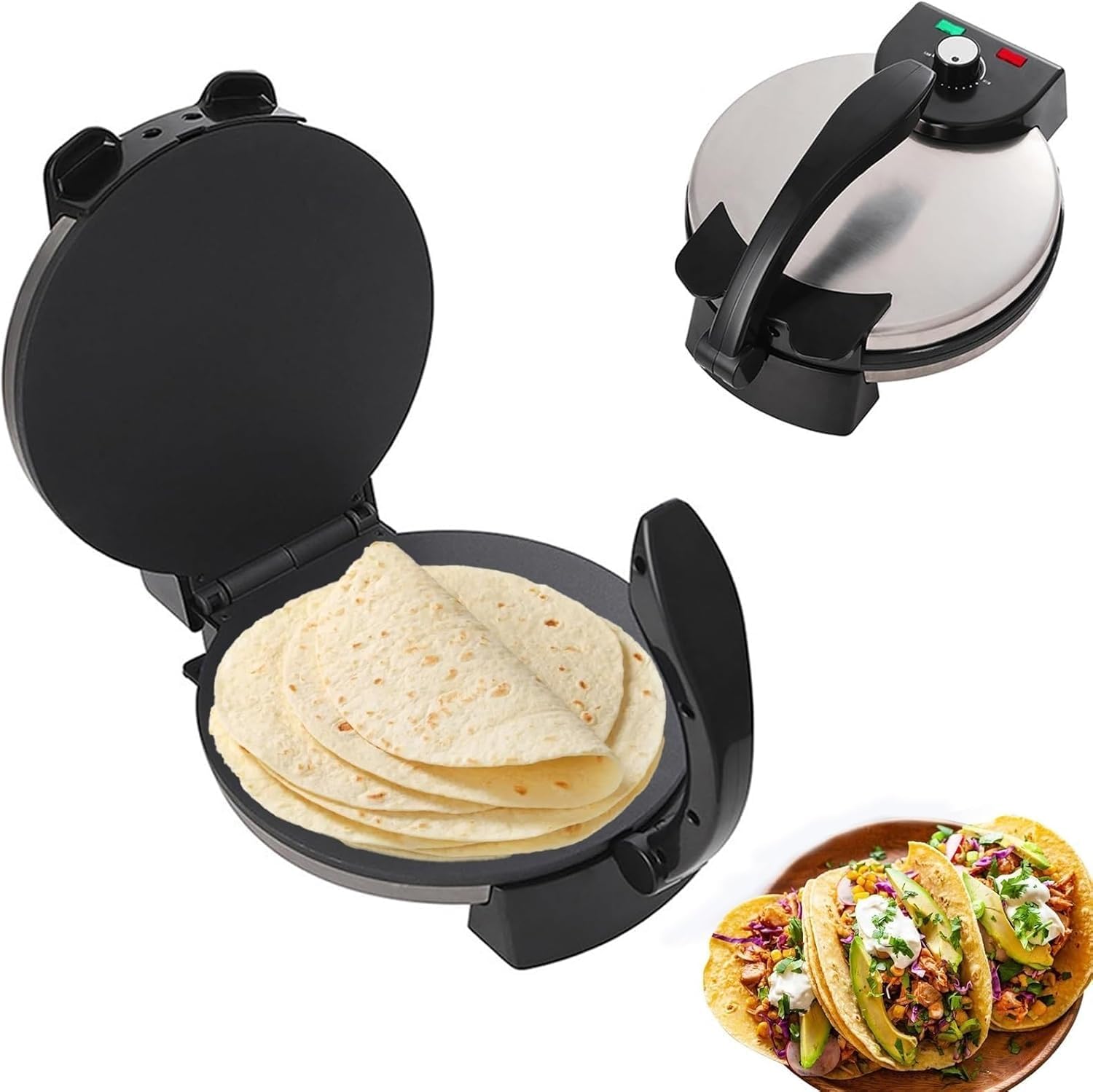12-Inch Electric Roti Maker & Tortilla Machine – Automatic with Indicator Lights, Adjustable Temperature, Double-Sided Heating for Perfect Quesadillas & Cooked Flatbreads