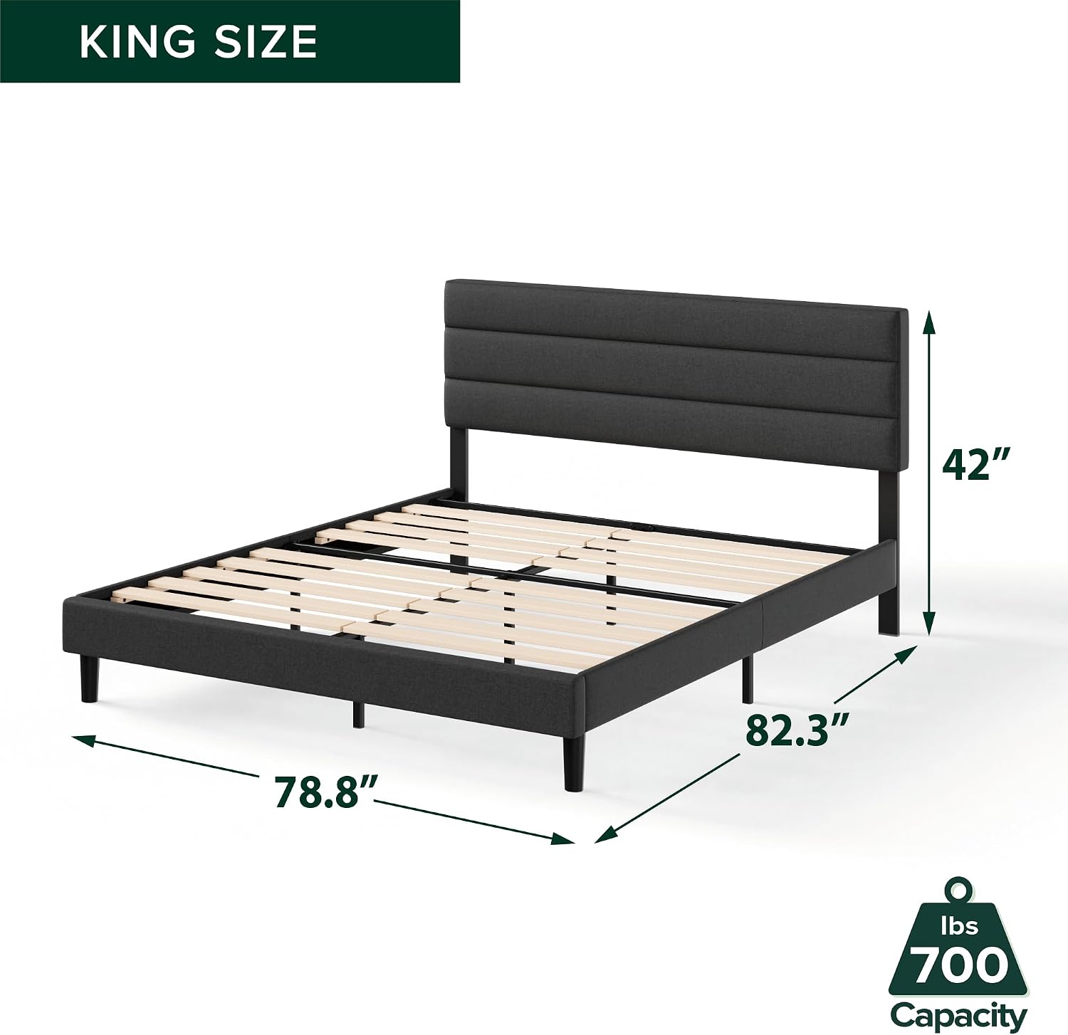 Zinus King Piper Upholstered Platform Bed with Horizontal Paneled Headboard, Wooden Slat Support, No Box Spring Needed, Easy Assembly, Eco Friendly Packaging, Dark Grey