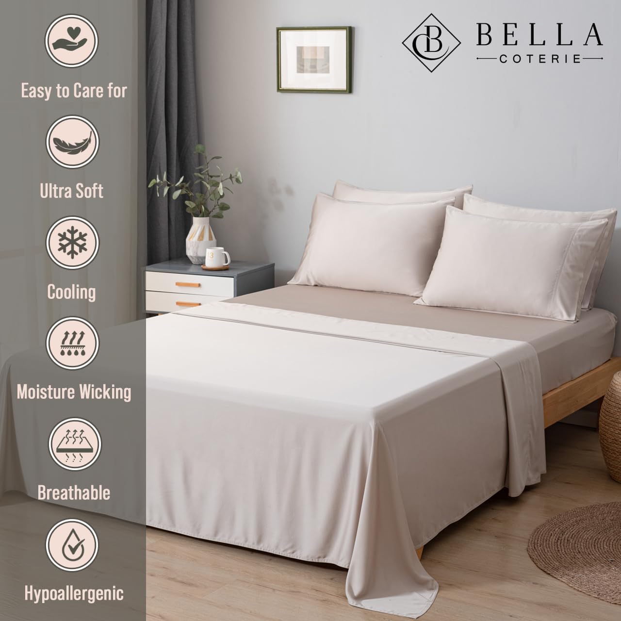 Bella Coterie 6 Piece Luxury Bamboo Viscose Queen Size Sheet Set | 100% Organically Grown | Cooling for Hot Sleepers | 18' Deep Pocket | Soft & Hypoallergenic | 4 Pillowcases [Dune]
