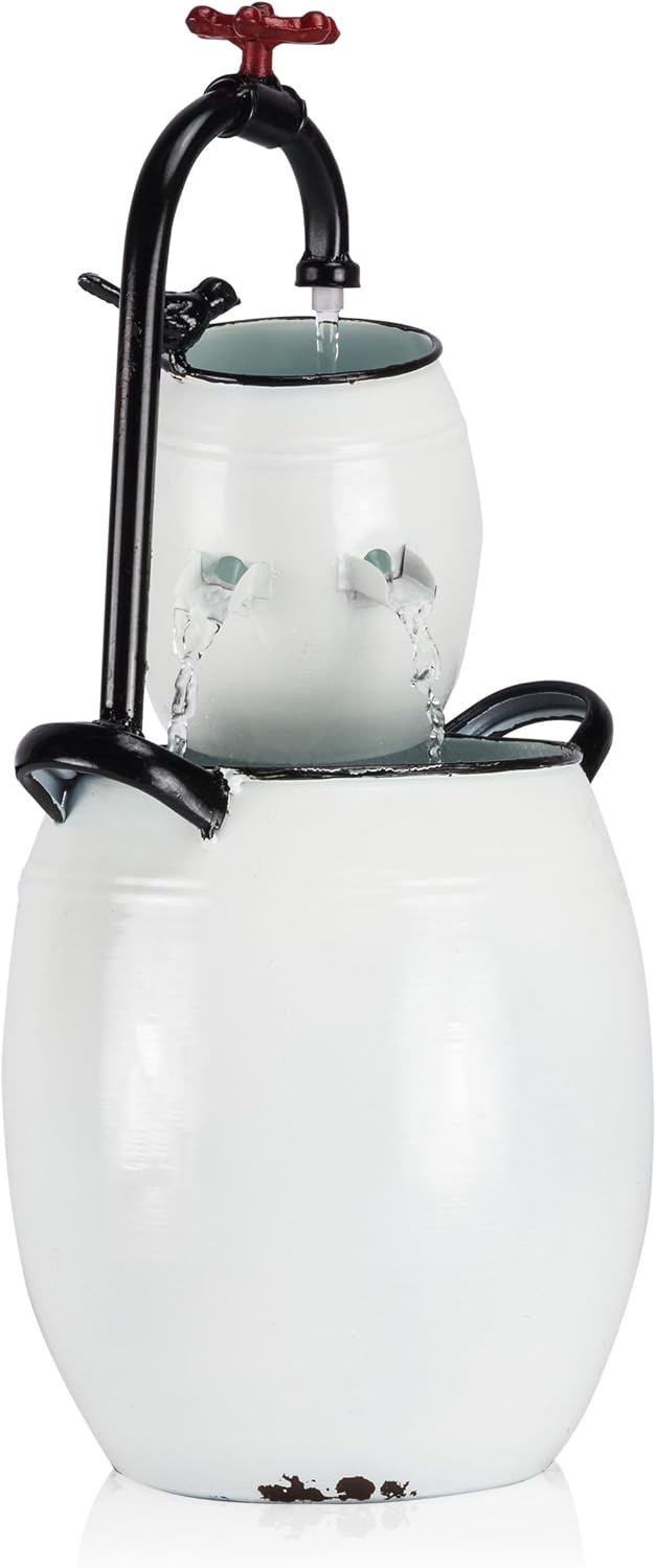 Alpine Corporation YHL428 Outdoor Tabletop Barrels and Faucet Water Fountain, Antique Tabletop Décor Fountain 19', White