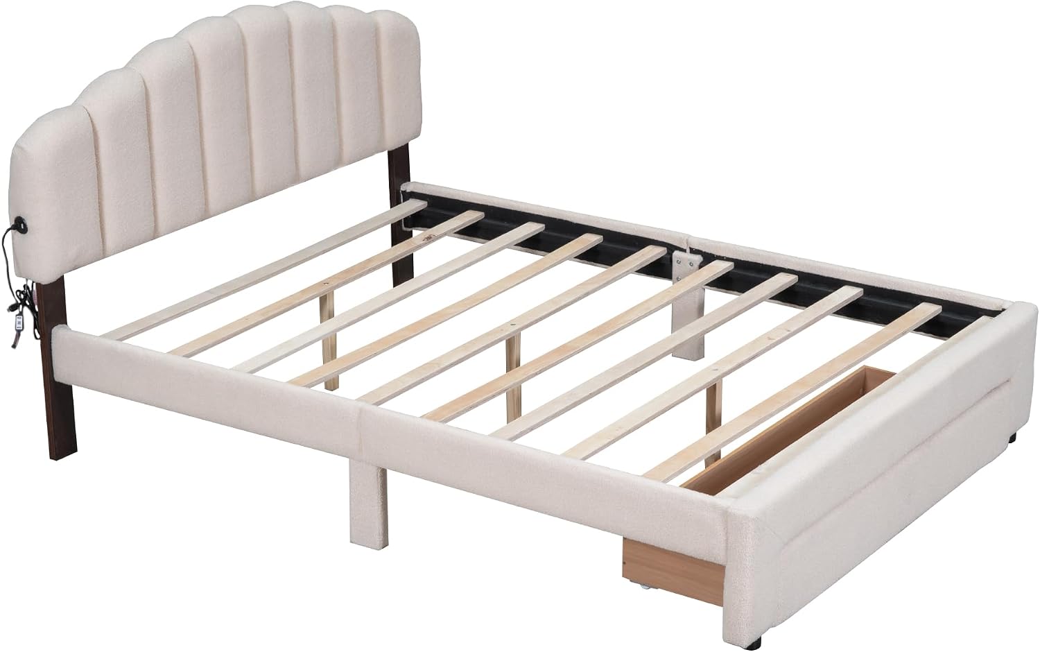 KLMM Chic Teddy Fleece Queen Size Upholstered Platform Bed with Drawer,LED Lights and 2 USB Ports,for Kids Teens Adults Bedroom Use (Beige@Drawer, Queen)