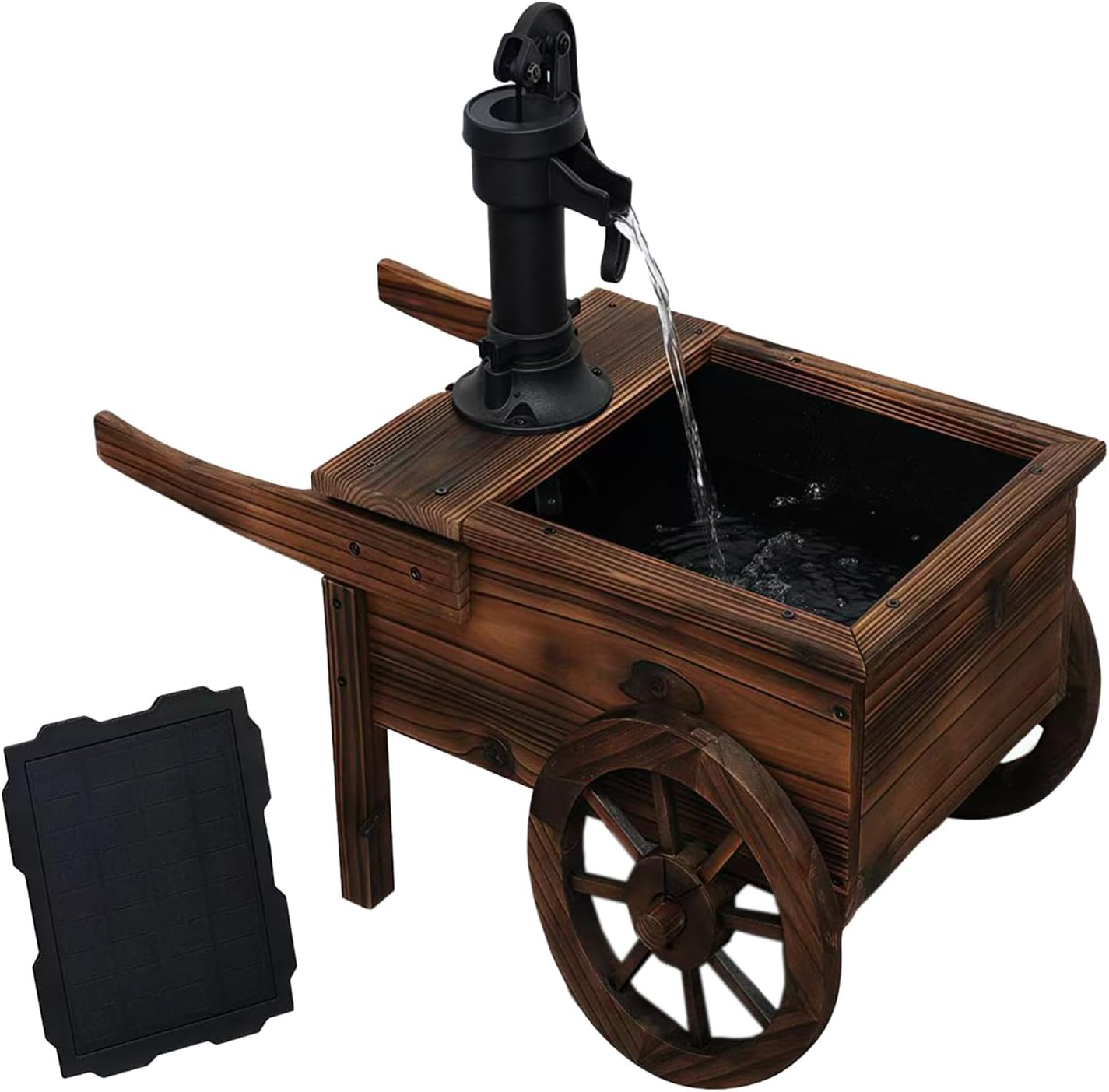 Carbonized Wood Outdoor Freestanding Fountain - Movable Vintage Hand Pump Cart, Solar-Powered Electric Decorative Water Feature for Patio, Garden & Indoor Decoration