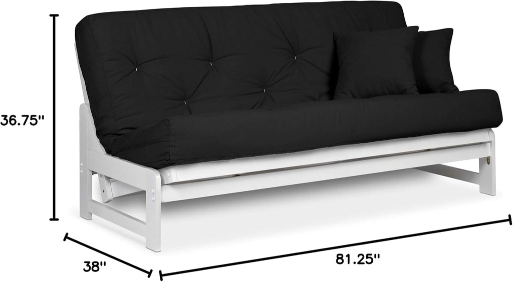 Nirvana Futons Arden White Futon Set Queen Size - Armless Futon Frame with Mattress Included (Twill Black), Space Saving Modern Sofa Bed Sleeper