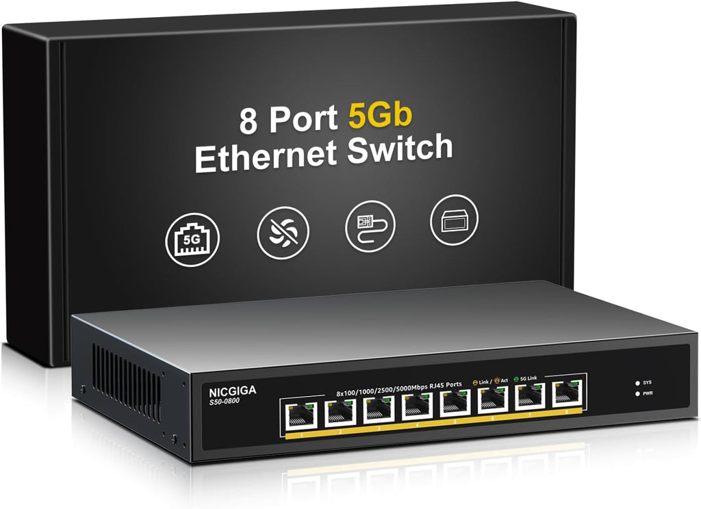 8 Port 5G Ethernet Switch Unmanaged,with 8X 5Gb Base-T Ports, NICGIGA 5Gbps Network Switch Easy for 5G NAS,PC,WiFi7 Router,5Gbe Adapter/NIC. Desktop or 19-inch Rack Mount, Plug and Play.