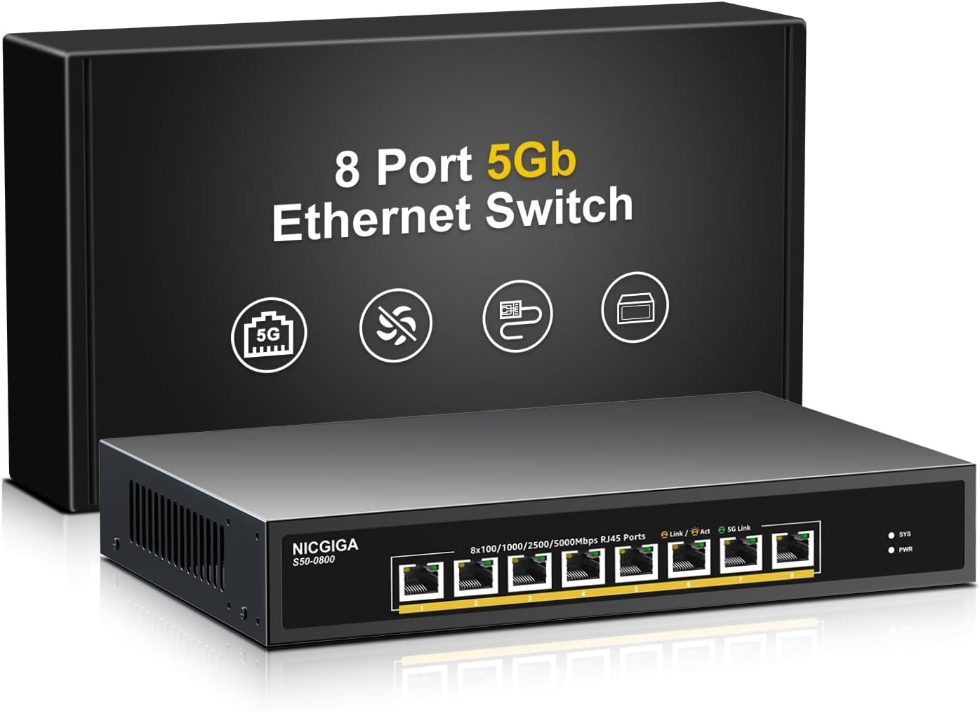 8 Port 5G Ethernet Switch Unmanaged,with 8X 5Gb Base-T Ports, NICGIGA 5Gbps Network Switch Easy for 5G NAS,PC,WiFi7 Router,5Gbe Adapter/NIC. Desktop or 19-inch Rack Mount, Plug and Play.