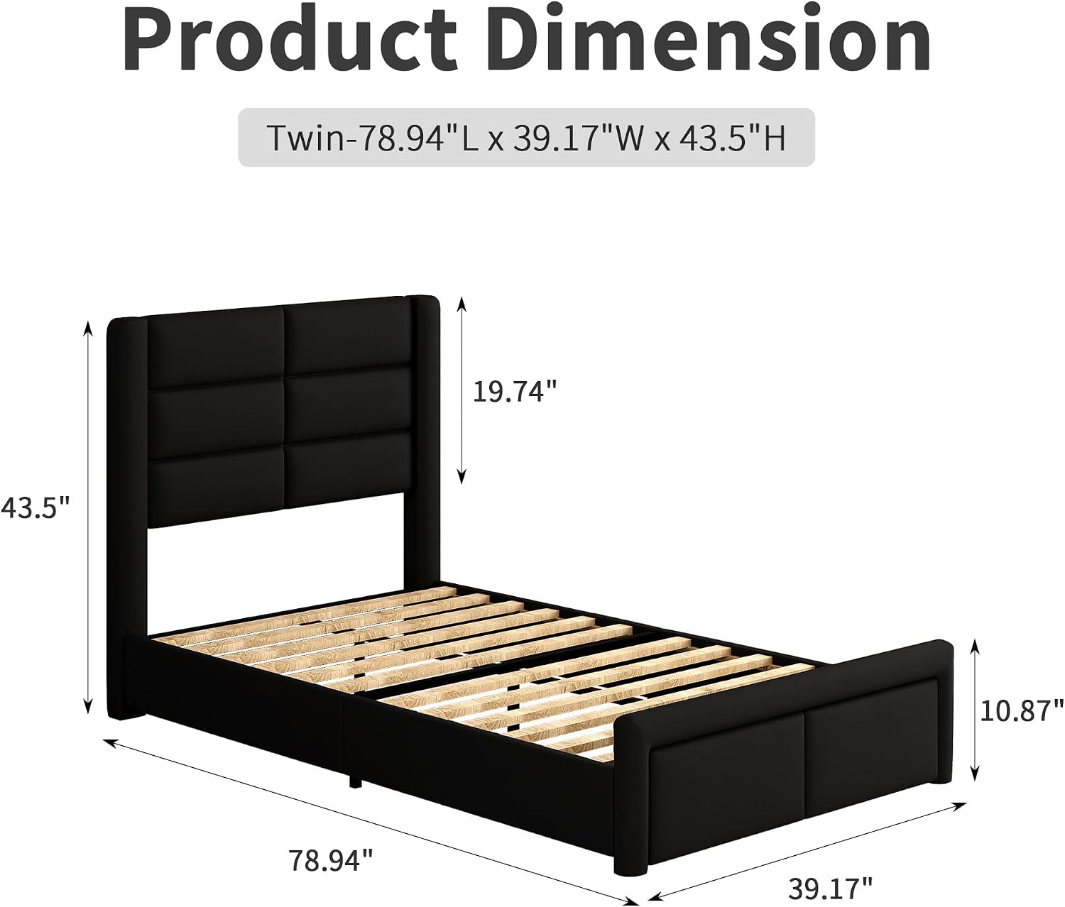 Twin Bed Frame with Headboard and LED Lights, Modern Faux Leather Upholstered Bed Frame with Wooden Slats Support and Heavy Duty Mattress Foundation, No Box Spring Needed, Easy Assembly, Black