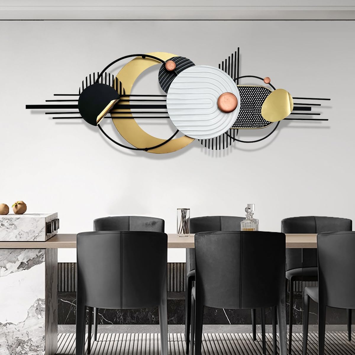 Metal Wall Art, Black and White Gold Wall Sculptures, Minimalist Geometric Decor, 3D Large 59'*21' Wall Art for Living Room Bedroom Bathroom Study Modern Wall Decor, Home Hanging Wall Sculpture