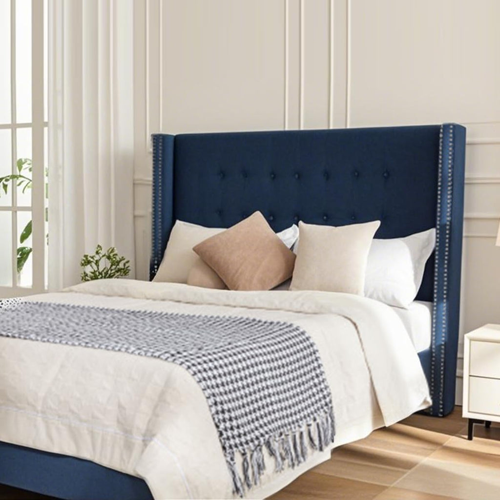 Queen Size Bed Frame,54'High Headboard Button Tufted Nailhead Trimmed Backrest Headboard,Velvet Metal Upholstered Platform Bed Frame,Wooden Slats Provide Strong Support,No Springs Required,Blue